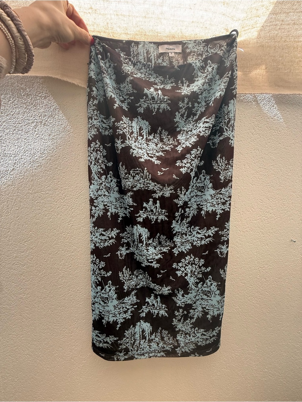 Miaou Printed Mesh Midi Skirt Size S | Brown Blue Toile